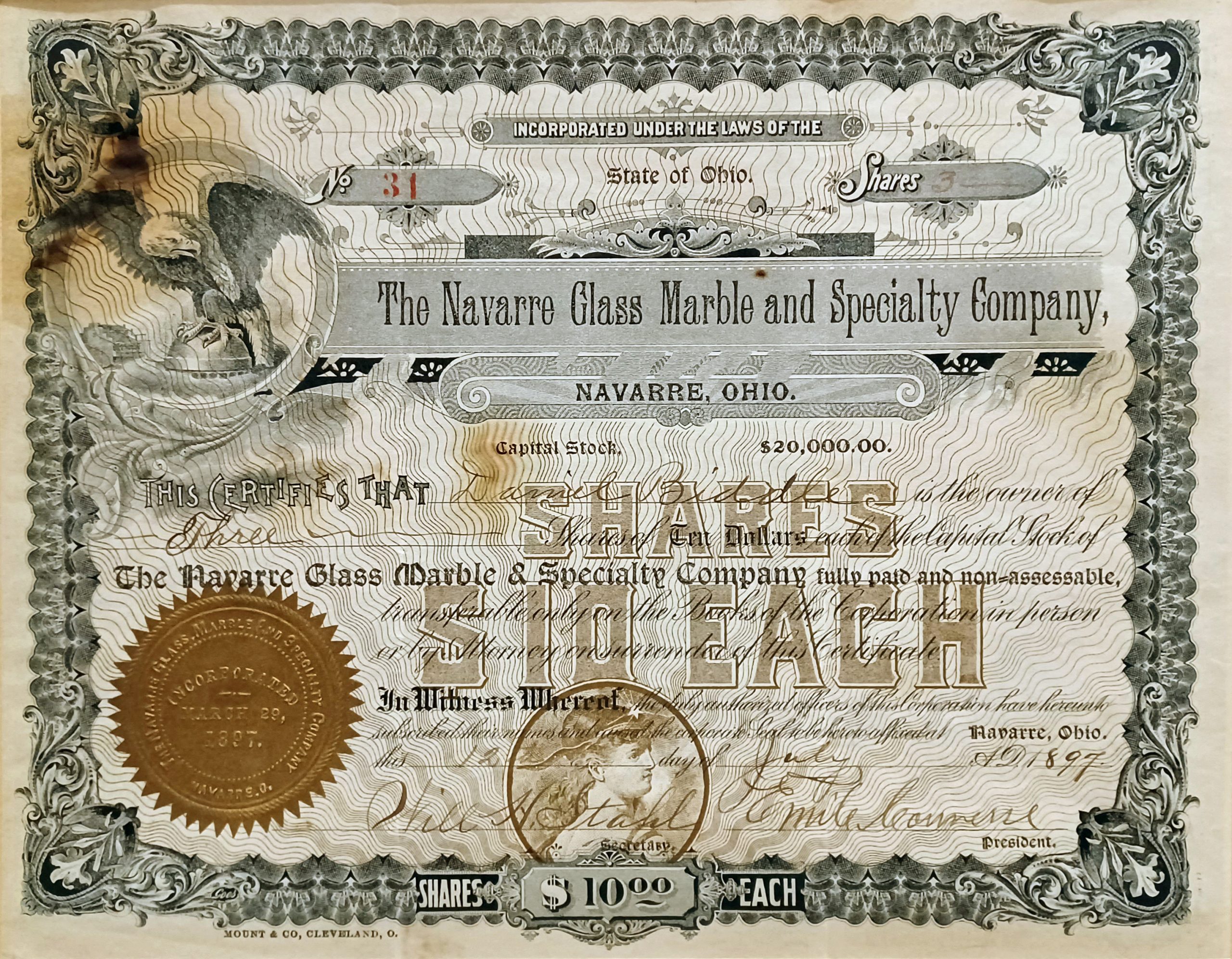 Stock certificate from The Navarre Glass Marble & Specialty Co.